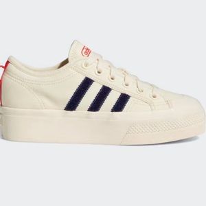 Adidas Originals Nizza platform sneakers. Cream / night sky / vivid red / navy